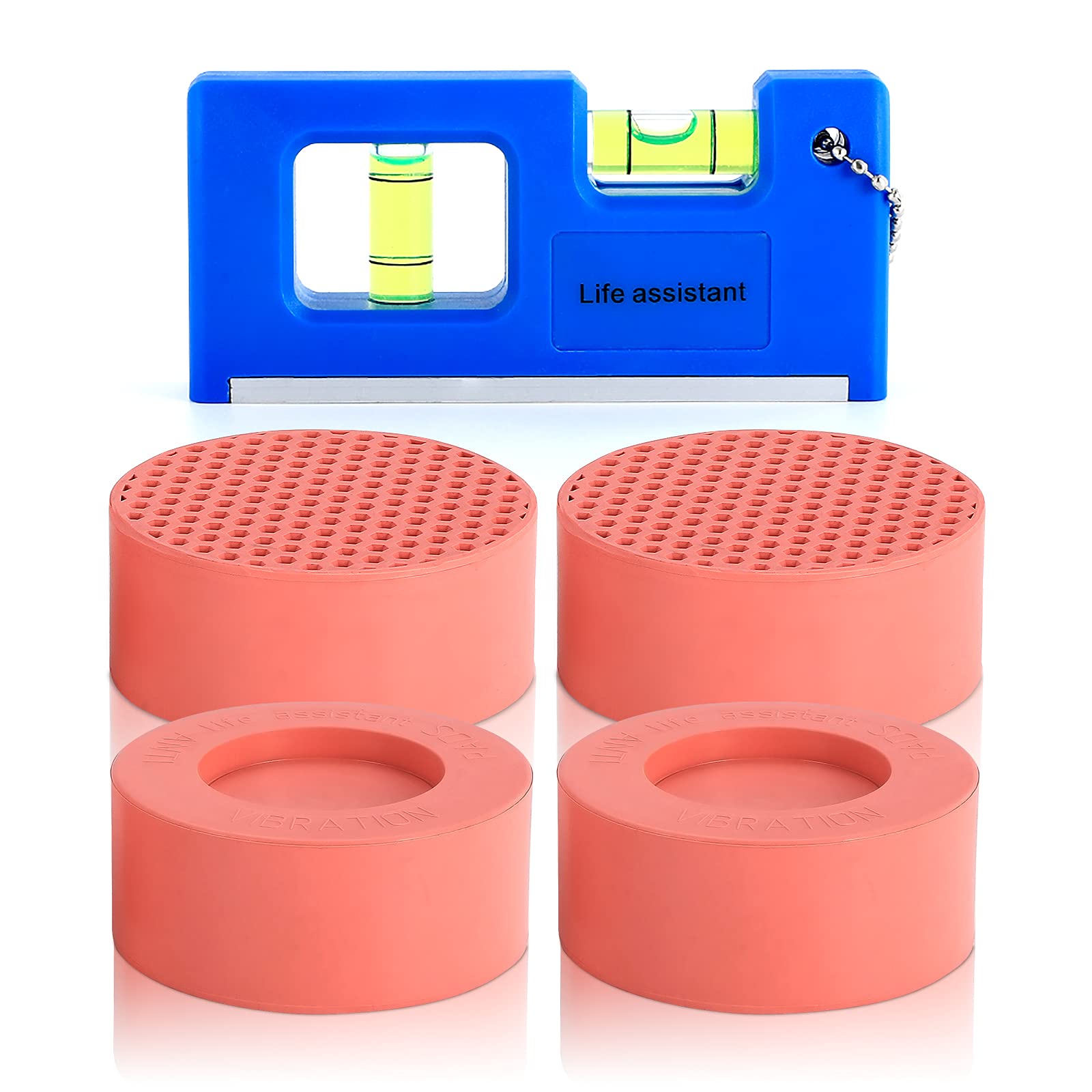 Anti Vibration Pads for Washing Machine, Noise Dampening Non-Slip Support Feet Stabilizer Mat Washer Dryer Appliance Fit All Machines, Protects Laundry Room Floor, 4 Pink Anti Vibrasion Pads + Level