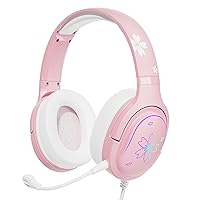 Sakura Pink Cherry Blossoms Gaming Headset, 360° Rotation Mic, Soft Earmuff Wired Gaming Headphones for PS4, PS5, Xbox, PC & MAC, Switch, RGB Gradient Light Effect