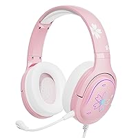 Mytrix Sakura Pink Cherry Blossoms Gaming Headset, 360° Rotation Mic, Soft Earmuff Wired Gaming Headphones for PS4, PS5, Xbox, PC & MAC, Switch, RGB Gradient Light Effect