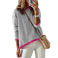 Womens Lightweight Cotton Sweaters Long Sleeve Crew Neck Color Block Striped Knitted Pullover Tops