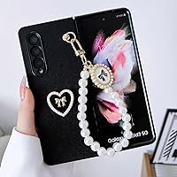 Designed for Samsung Galaxy Z Fold 4 Case with Strap Cute Bowknot Heart Case for Girls Women Detachable Pearl Hand Chain Lanyard Slim Shockproof Hard PC Leather Cover for Galaxy Z Fold 4 5G Black