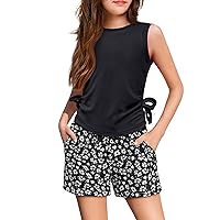 Arshiner Girls Summer Clothing Sets 2 Piece Outfits Knit Ruched Knot Side Tank Top and High Waist Shorts with Pockets