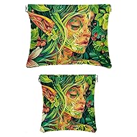 Natural Green Fairy Cosmetic Travel Bag Squeeze Top Reusable Small Makeup Pouch Lipstick Bag for Girls Women, 2Pcs Leather Portable Waterproof Coin Organizer for Jewelry Purse