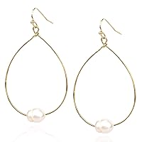 Pomina Lightweight Pearl Hoop Earrings, Gold Open Teardrop Pearl Dangle Drop Earrings for Women
