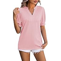 Women's Workout Tops Fashion Casual Bubble Sleeve V-Neck T Shirt Solid Colour Loose Top Blouse, S-2XL