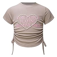 Girls Crop Shirts Drawstring Side Tee Letter Graphic Print Short Sleeve Blouse Summer Girl Tee Tops