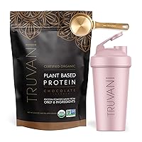 Truvani Vegan Chocolate Protein Powder with Pink Shaker Cup & Scoop Bundle - 20g of Organic Plant Based Protein Powder - Includes Stainless Steel Shaker Cup & Durable Protein Metal Scoop