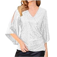 Womens Dressy Sequin Tops 3/4 Split Bell Sleeve Glitter Sparkly Party Blouse Summer Wrap V-Neck Evening Club T-Shirt