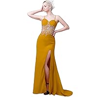 Beaded Prom Dresses High Slit Spaghetti Formal Evening Maxi Dress