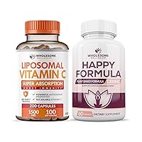 Wholesome Wellness Liposomal Vitamin C Capsules (200 Pills 1500mg Buffered) High Absorption VIT C Happy Formula Natural Formula Relief Supplement Bundle