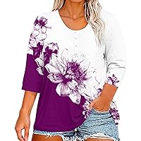 Fashion Plus Size Tops for Women Henley Neck Button Down Funny Tshirts Summer Blouses 3/4 Sleeve Floral Tunic Tops