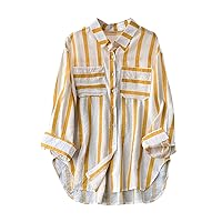 YZHM Women's Plus Size Striped Shirts Long Sleeve Button Up Blouses Collared Oversized Spring/Fall Dressy Casual Tops