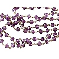 Gems For Jewels Women's 3-3.5 mm Amethyst Faceted Rondelle Beads in 925 Silver Wire Wrapped Rosary Style Chain for Jewelry Making, Amethyst Rosary (1Foot to 5Feet Options) Gold, 5 Feet