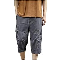 Mens Shorts Below Knee, Slim Fit Cargo Shorts Solid Multi Pocket Classic Fit Hiking Shorts Outdoor 3/4 Capri Pants