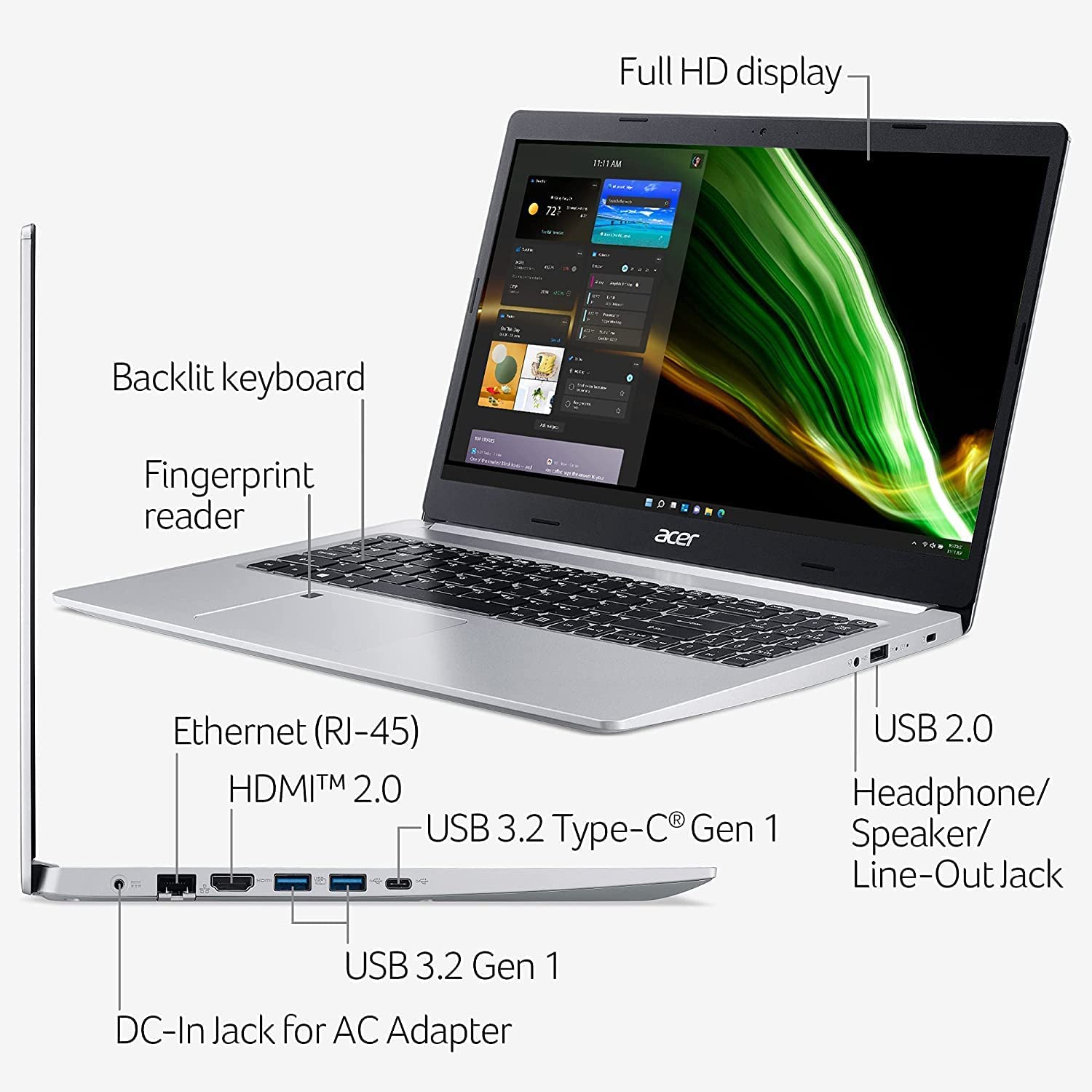 Acer 2023 Newest Aspire 5 A515-46-R3CZ Slim Laptop, 15.6 inch FHD Display, AMD Ryzen 7 3700U, 16GB RAM, 1TB SSD, WiFi 6, Backlit Keyboard, Fingerprint Reader, Windows 11 Home, Bundled with JAWFOAL