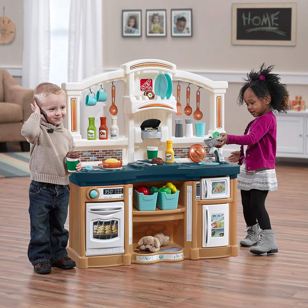 Step2 Fun with Friends Kids Kitchen, Indoor/Outdoor Play Kitchen Set, Toddlers 2 – 10 Years Old, 25 Piece Kitchen Toy Set, Easy to Assemble, Blue Brown