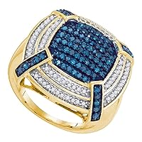 The Diamond Deal 10kt Yellow Gold Womens Round Blue Color Enhanced Diamond Corner Cluster Frame Ring 3/4 Cttw