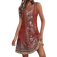 Vestidos Cortos De Mujer Sexy, Summer T Shirt Dresses Boho Floral Print V Neck Casual Loose Flowy Swing Sleeveless Dress Night Out for Women Party Dresses 2024 Cocktail Dresses (L, Red)