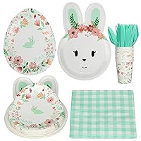 117Pcs Easter Party Supplies, Happy Easter Paper Disposable Dinnerware, with Rabbit Egg Plates water Cups Knives Forks Spoons Napkins Tablecloth, Serve 16