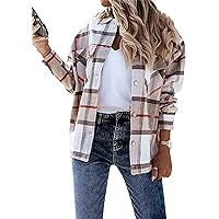 YMING Womens Color Block Plaid Cardigan Oversized Button Down Shirts Long Sleeves Shacket Tops