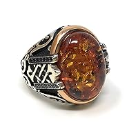 NEW 925K Sterling Silver Honey Amber Stone Men's Ring w/Zircon K62J