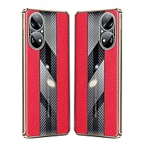 Back Cover Leather + Carbon Fiber Case Designed Compatible with Huawei Honor Magic 4 Pro with Camera Protection, Full Body Shockproof Protective Phone Case Slim Thin Lanyard Case (Color : Red)