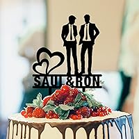 Same Sex Custom Double Heart Rustic Wedding Cake Topper Same Sex Groom Silhouette Cake Toppers Two Men In Suits Wedding Cake Topper Homosexual Gay Custom Cake Topper LGBT Black Acrylic Toppers