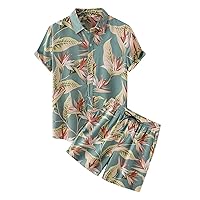Mens Hawaiian Sets Summer Beach Outfits Button Down Shirts and Shorts 2 Piece Suit Floral Print Vacation Outfit