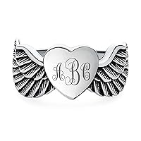 Bling Jewelry Unisex Personalized ABC Alphabet Initials Monogram Religious Spiritual Heart Angel Wing Feather Band Ring For Men Women Oxidized .925 Sterling Silver Or Stainless Steel