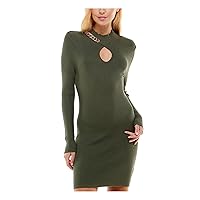 Womens Green Ribbed Cut Out Long Sleeve Mock Neck Short Party Sweater Dress Juniors S