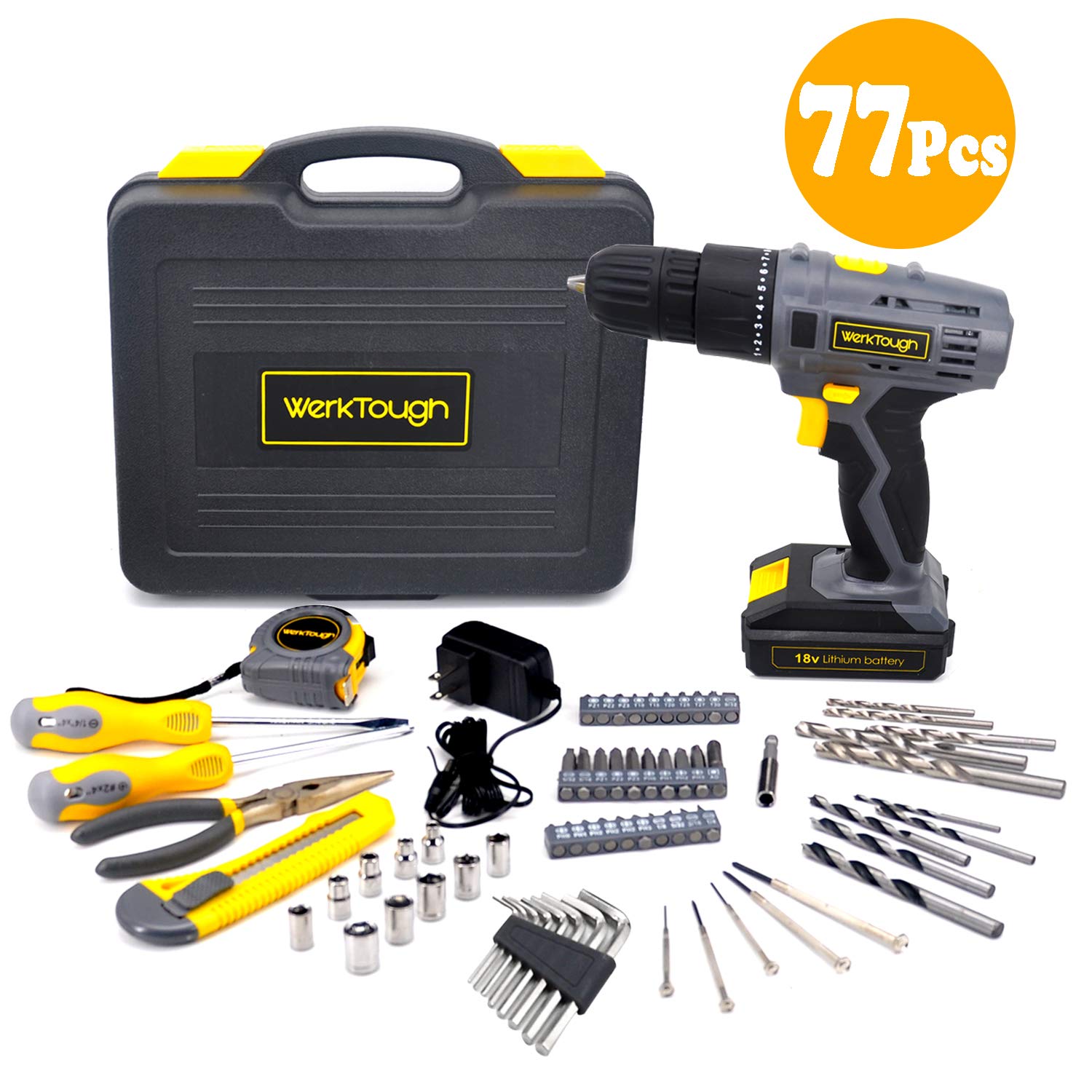 Werktough 77PCS 18/20V Cordless Drill Screwdriver Tool Set in Toolbox Storage Case Tool Kit Home Repair Set Father Day Gift Box Combo Kit Home Improvements