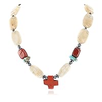 $280Tag Cross Silver Certified Navajo Turquoise Smoky Quartz Red Necklace 17078 Made by Loma Siiva