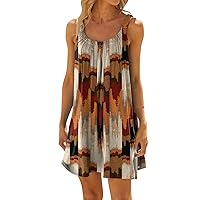 HTHLVMD Birthday Sundress Women Sleeveless Summer Knee Length Beautiful Fitted Tunic Cotton Printed Crewneck Comfort Ruched Tunic Woman Brown