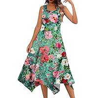 Women's Summer Dresses Casual Round Neck Sleeveless Irregular Hem Floral Print Midi Dress