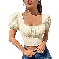 T-Shirt for Women Square Neck Puff Sleeve Ruched Bust Lettuce Trim Crop Tee T-Shirt for Women