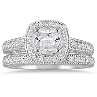AGS Certified 1 5/8 Carat TW Cushion Diamond Halo Bridal Set in 14K White Gold