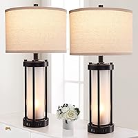 Set of 2 Modern Table Lamps for Living Room with 2 USB Charging Ports, White Frosted Glass Nightlight for Bedroom, Contemporary Desk Lamps for Nightstand End Table Entryway, 4 Bulbs Included (Black)
