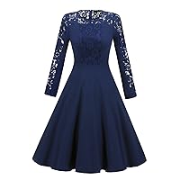 Wemen's Vintage Fall Long Sleeves Round Neck Lace Swing Dress (Medium, Navy Blue)