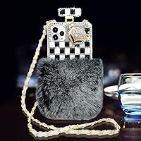LUVI for iPhone 11 Pro Max Plush Case Bling Diamond Glitter Crystal Rhinestone 3D Flower Perfume Bottle Cover with Neck Strap Crossbody Chain Case Furry Fuzzy Hair Case for Girls Women Gray