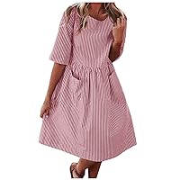 Women's Summer Dresses Casual Women Half Sleeve Striped Loose Knee Length Pocket Elastic Waist Dress(Pink,X-Large)