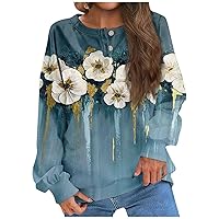 Womens Long Sleeve Shirts Gradient Print Round Neck Tees Button Down Collar Blouse Stretchy T-Shirt Fashion Tops