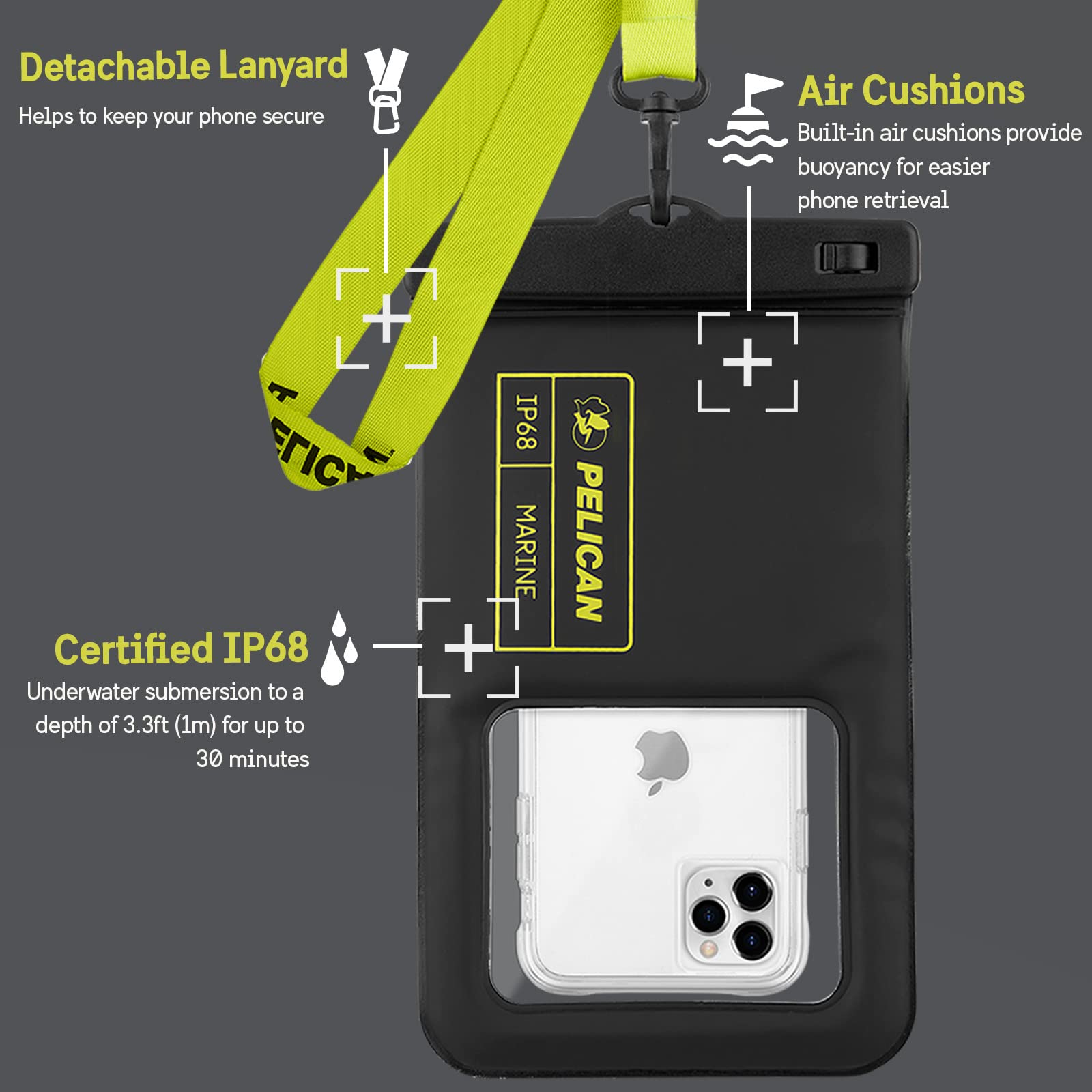 Pelican Marine 2 Pack - IP68 Waterproof Phone Pouch / Case (XL Size) - Floating Phone Case - iPhone 14 Pro Max/ 13 Pro Max/ 12 Pro Max/ 11/ S23 Ultra/ Pixel 7 - Detachable Lanyard - Black/Yellow