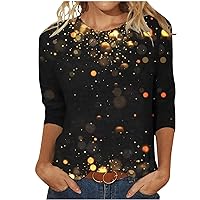 Women 3/4 Sleeve T Shirt Dressy Blouse Tees Rhinestone Print Tunic Tops Round Neck Glitter Printed Pullover Blouses Top