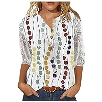 Womens 3/4 Length Sleeve Tops 2024,Floral Button Down Shirts for Women Crew Neck T Shirts Loose Casual Blouses Ladies Lace Hollow Three-Quarter Sleeve Shirt Blouses