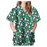 Christmas Working Uniforms for Women Floral Printed Mock Turtleneck T-Shirts Comfy Short Sleeve Womens T Shirts