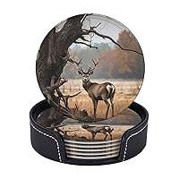 Brown Deer Near Withered Tree Print Coasters Leather Drink Coasters Set of 6 Heat Resistant Bar Coasters with Storage Case Round Cup Mat Pad for Living Room Kitchen Office Gift