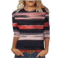 Colorful Stripes T-Shirt Women 3/4 Sleeve Crewneck Pullover Tops 2024 Casual Loose Fit Trendy Daily Blouses