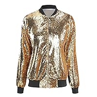 Fashion Sparkly Sequin Bomber Jackets for Women Long Sleeve Zip Up Tops Party Glitter Casual Blazer Rock Concert Coat