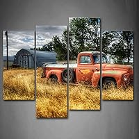 Old Truck Car Wall Art in Red and Trees and Dry Grasses in Field Wall Decor Painting Pictures Print On Canvas The Picture for Home Modern Decoration