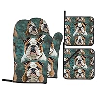 Funny English Bulldog Printed Oven Mitts and Pot Holders Sets Heat Resistant Non-Slip Oven Gloves Kitchen Mitts 4pcs for Kitchen Cooking Baking BBQ